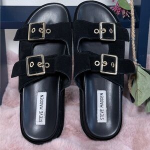 Steve Madden Black Velvet Double Buckle Sandals | Women’s Size 8